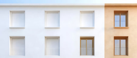 Two adjacent buildings showcase a stark contrast in architecture. One side features a minimalist white facade with square windows, while the other presents a warm beige tone with wooden accents.の素材