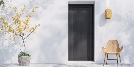 In a serene setting, a dark door stands against a white wall, flanked by a decorative tree and a woven chair. A hanging lamp adds a warm touch to the outdoor space, creating a welcoming atmosphere.の素材