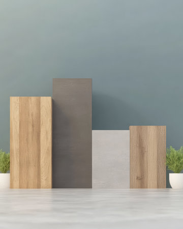 Three wooden blocks of different sizes and colors are arranged in a contemporary setting. Lush greenery in planters enhances the minimalist design, creating a sleek atmosphere.の素材