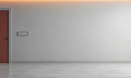 A spacious interior features a minimalistic design with a light-colored wall and a wooden door. The floor has a polished surface, enhancing the modern aesthetic of the environment.の素材