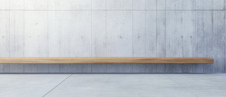 A sleek wooden shelf is mounted on a smooth concrete wall, enhancing the minimalist aesthetic of a contemporary interior space.の素材