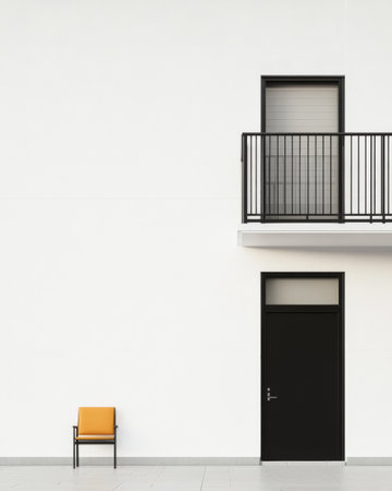A modern architectural setting features a stark white wall with a sleek black door and railing balcony above. An orange chair sits solitary on the ground, creating an impactful visual contrast.の素材