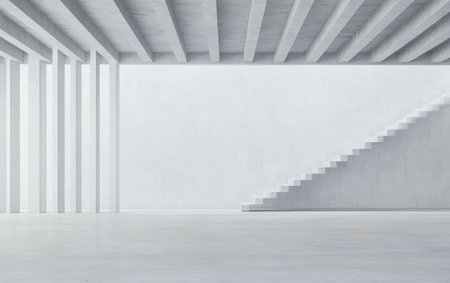 A spacious, minimalist interior showcases white walls and a unique staircase design. The clean lines and open space create a calming atmosphere in a contemporary setting.の素材