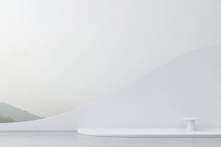 A spacious, minimalistic interior showcases smooth white walls and a curved design. Large windows offer a tranquil mountain view, creating a peaceful atmosphere perfect for relaxation.の素材