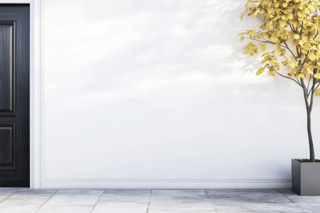 This outdoor area features a sleek black door next to a white wall, complemented by a potted tree with yellow leaves adding a touch of color and life to the serene setting.の素材