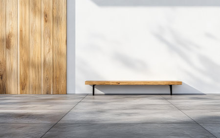 A wooden bench rests on a smooth concrete floor, positioned beside a wall adorned with wooden panels. Natural light casts soft shadows, enhancing the minimalist aesthetic.の素材