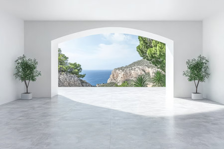 Natural light streams through the archway, illuminating a spacious room adorned with two potted plants. The view showcases a stunning coastal landscape featuring cliffs and a blue ocean.の素材
