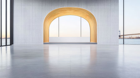 Bright, open space showcases a large curved window with a warm wooden frame, revealing a tranquil waterfront scene during sunset. Minimalist design enhances the serene atmosphere.の素材