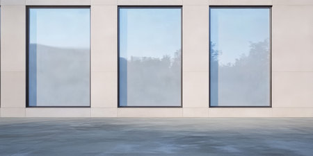 This architectural design showcases a contemporary building with wide glass windows. The smooth exterior walls complement the natural scenery visible through the transparent panes.の素材