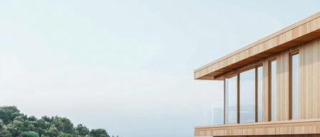 A contemporary wooden structure stands prominently among lush greenery. Its large windows reflect the tranquil landscape, creating harmony between the building and nature.の素材