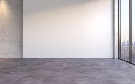 A spacious, empty room features a polished concrete floor and large windows that let in natural light. The minimalist design offers views of a distant city skyline.の素材