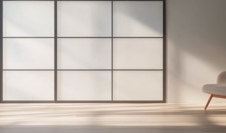 Soft sunlight filters through a large, grid-patterned window, illuminating a minimalistic room. A simple, stylish chair sits alone, enhancing the serene atmosphere of the space.の素材