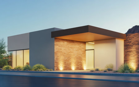 A contemporary house featuring a blend of stone and modern materials stands against the backdrop of a desert landscape. The setting sun casts a warm glow, highlighting the architectural details.の素材
