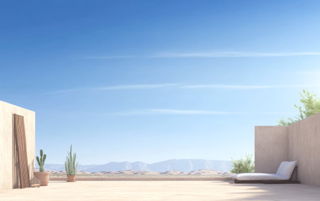 A serene outdoor space features a comfortable lounge area with a cushion, decorative plants, and stunning desert vistas. Clear blue sky enhances the tranquil atmosphere of the setting.の素材