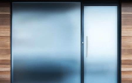 A sleek glass door stands against a backdrop of wood paneling, showcasing a modern architectural style. This entrance emphasizes clean lines and minimalistic aesthetics in design.の素材