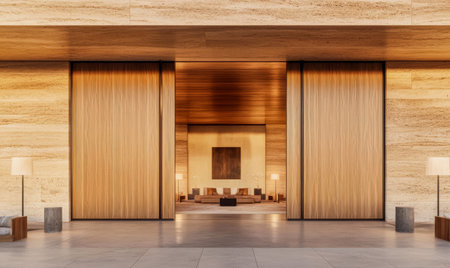 Sleek wooden doors lead to a spacious lobby filled with warm lighting minimalist furniture and inviting atmosphere. The natural materials blend harmoniously in this stylish setting.の素材