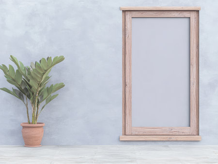 A light gray wall sets the backdrop for a wooden-framed empty space near a green potted plant. The clean lines enhance a calm and modern aesthetic suitable for various interior styles.の素材