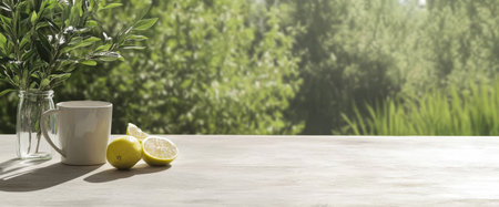 A rustic wooden table holds a white cup next to fresh lemons. Lush greenery surrounds the scene, creating a tranquil atmosphere perfect for relaxation and enjoying nature.の素材