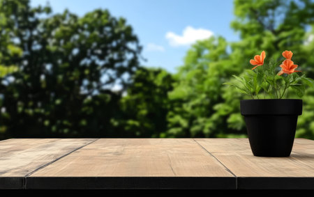 A wooden table displays a black pot containing vibrant orange flowers. The backdrop features lush green trees under a clear blue sky, creating a tranquil outdoor atmosphere.の素材