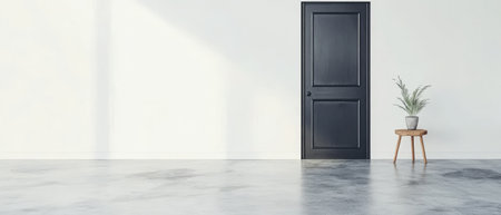A bright room features a sleek black door set against a white wall, with natural light streaming in. A potted plant rests on a wooden stool beside the door, enhancing the minimalist decor.の素材
