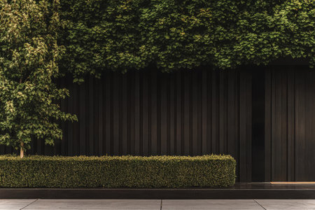 A sleek black wall contrasts with vibrant green foliage, framed by a neatly trimmed hedge. This urban space evokes tranquility, blending nature with modern architecture in a city setting.の素材