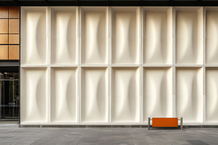 A textured white wall stands prominently in an urban area, complemented by a sleek orange bench positioned in front. The clean lines highlight contemporary design elements in a bustling city.の素材