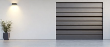 A sleek interior space showcases a textured wall with horizontal panels, complemented by a tall plant in a simple pot, creating a serene atmosphere.の素材