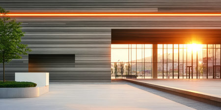 A contemporary building showcases sleek lines and wooden textures, illuminated by a warm sunset. The space features a landscaped area with greenery and an inviting entrance.の素材