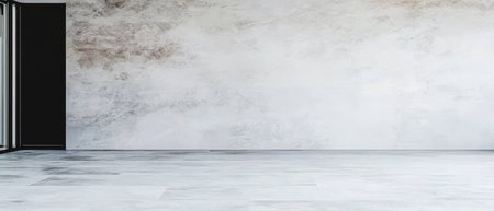 A spacious, empty room features a light grey wall finish, large windows promoting natural light, and a clean, simple floor. The setting is ideal for various design possibilities.の素材