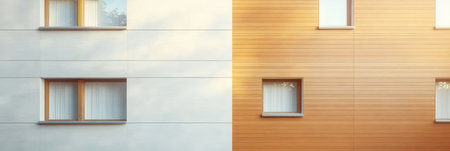 Two adjacent building facades showcase different construction materials. One side is a smooth, light-colored surface, while the other is warm wood paneling illuminated by the evening light.の素材