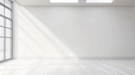 Bright sunlight fills a spacious, minimalist room featuring white walls and wooden floors. Large windows and skylights create an open, airy atmosphere suitable for various uses.の素材