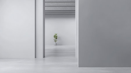 A spacious interior showcases a minimalistic design with gray walls and flooring. A single potted plant adds a touch of greenery, enhancing the serene atmosphere and openness.の素材