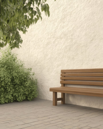 A minimalist wooden bench is positioned against a textured white wall. Lush green foliage grows nearby, creating a serene atmosphere in the outdoor space during daylight hours.の素材