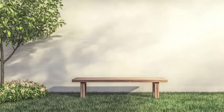 A wooden bench sits peacefully on lush green grass next to a wall, surrounded by a flowering shrub and a leafy tree. The calm garden atmosphere invites relaxation.の素材