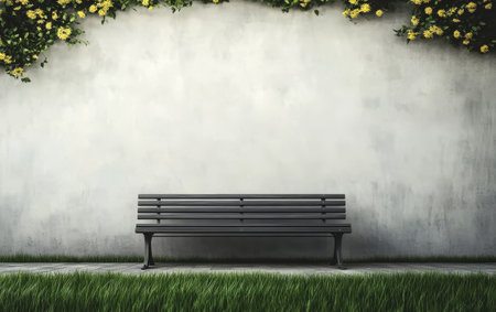 A peaceful park bench sits in front of a textured wall, surrounded by lush green grass. Yellow flowers cascade down, adding a touch of beauty to the serene setting.の素材