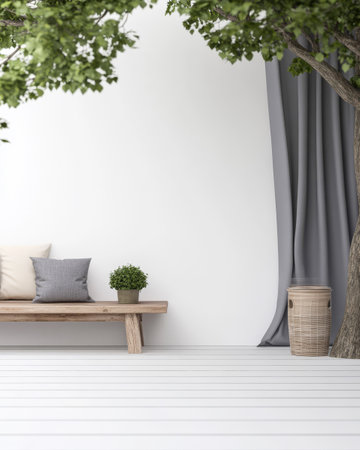 A tranquil outdoor space features a wooden bench with cushions and a potted plant beside a tree. Soft curtains create a calming atmosphere, perfect for relaxation.の素材