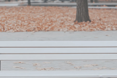 A gray bench sits empty, surrounded by a blanket of orange and brown leaves on a chilly autumn day in the park. The peaceful atmosphere reflects the changing season.の素材