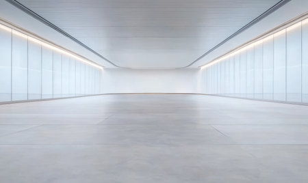 A vast, contemporary indoor space featuring smooth, light-colored flooring and large glass panels. Subtle lighting highlights the minimalist design, creating an open and airy atmosphere.の素材