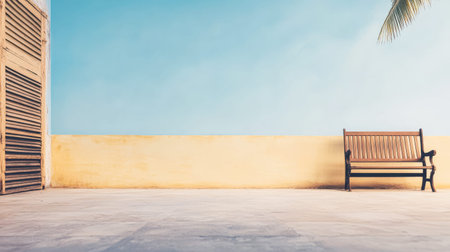 A wooden bench is positioned against a yellow wall beneath a clear blue sky. The minimalistic setting features a palm tree, creating a relaxed atmosphere in a sunny outdoor environment.の素材