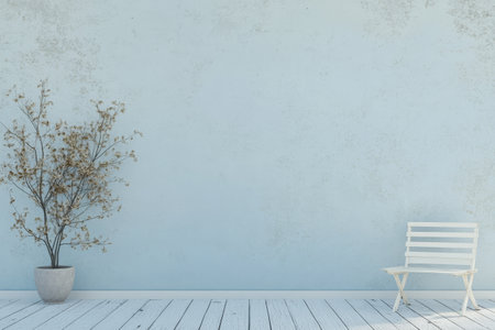 A cozy interior features a light blue wall and a white wooden bench alongside a potted plant. The design radiates simplicity and tranquility, perfect for relaxation or contemplation.の素材