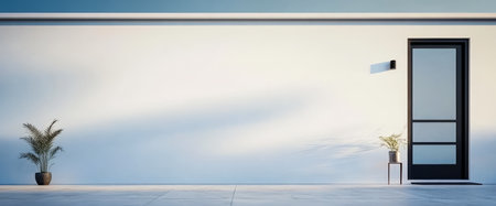 A contemporary entrance features a sleek black door and a tall white wall under clear blue sky. A potted plant sits beside the door, adding a touch of greenery to the minimalistic space.の素材
