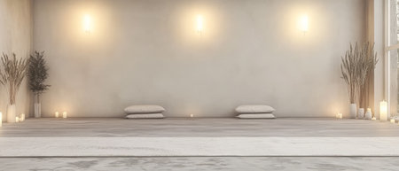 A tranquil indoor setting features soft cushions on a smooth floor, surrounded by candles and plants. The warm lighting creates a peaceful atmosphere ideal for meditation and relaxation.の素材