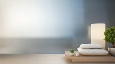 A tranquil indoor space features soft cushions on a wooden platform, a potted plant, and a glowing lamp. The ambient light creates a calming atmosphere ideal for relaxation.の素材