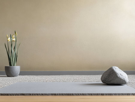 A tranquil indoor setting showcases an arrangement of a smooth stone and vibrant potted plants against a soft beige wall, enhancing the minimalist aesthetic and peaceful ambiance.の素材