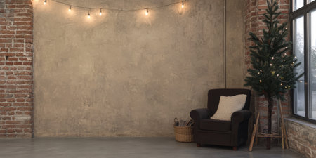 A comfortable chair sits in a rustic corner illuminated by warm string lights. Nearby, a small tree adds a festive touch to the cozy setting, ideal for relaxation.の素材