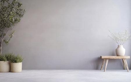 A cozy interior setting features a light gray wall, a wooden table, and potted plants creating a serene atmosphere. This design emphasizes simplicity and natural elements.の素材