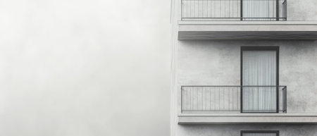 A modern residential structure showcases sleek balconies and large sliding glass doors. The soft backdrop adds a sense of calmness to the minimalist architectural design, emphasizing simplicity.の素材