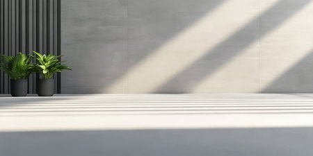 Sunlight streams through a spacious indoor area, casting long shadows on the smooth floor while potted plants add a touch of nature to the minimalist decor.の素材