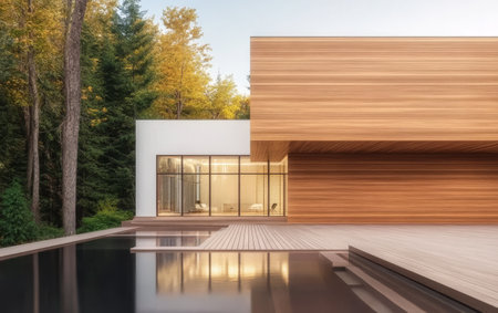 A sleek wooden cabin blends with the surrounding forest. Large windows offer views of the outdoors, while a reflecting pool enhances the tranquil atmosphere at sunset.の素材