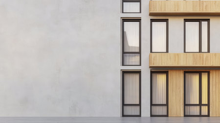 A contemporary building showcases a sleek exterior with large glass windows and wooden elements. The design emphasizes simplicity and elegance, highlighting the blend of materials.の素材